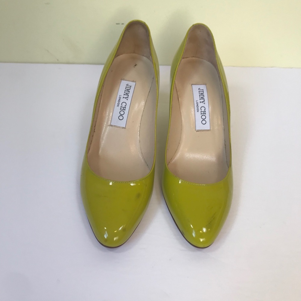 immy Choo Leather Patent Pumps Heels Shoes Almond Toe Chartreuse Green Slides - Picture 10 of 14